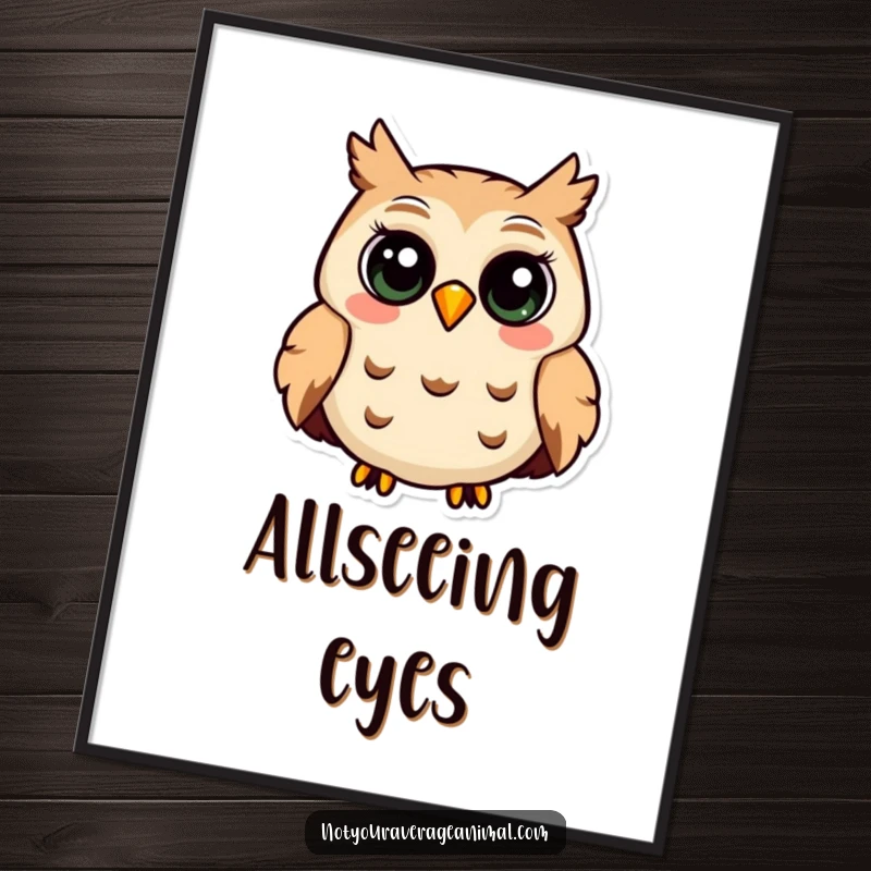 Funny digital art of a smiling owl with big eyes, hooting contentedly, exuding peaceful wisdom.