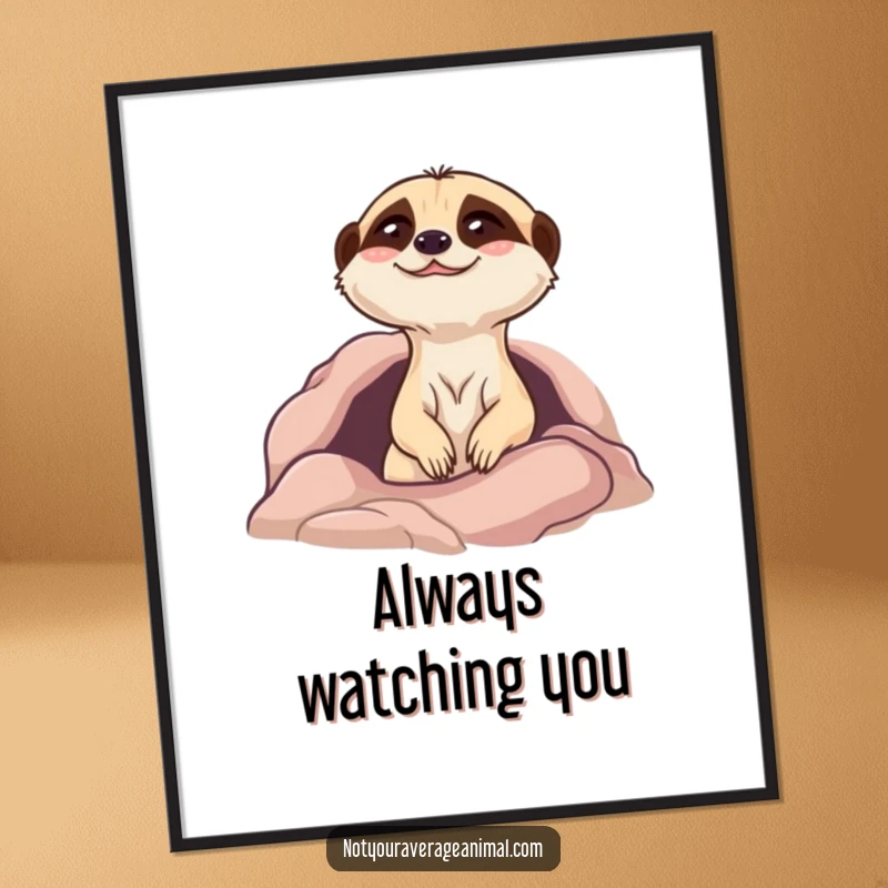 Funny meerkat digital art print of a giggling character popping its head from a burrow, ready to bring laughter to any room.