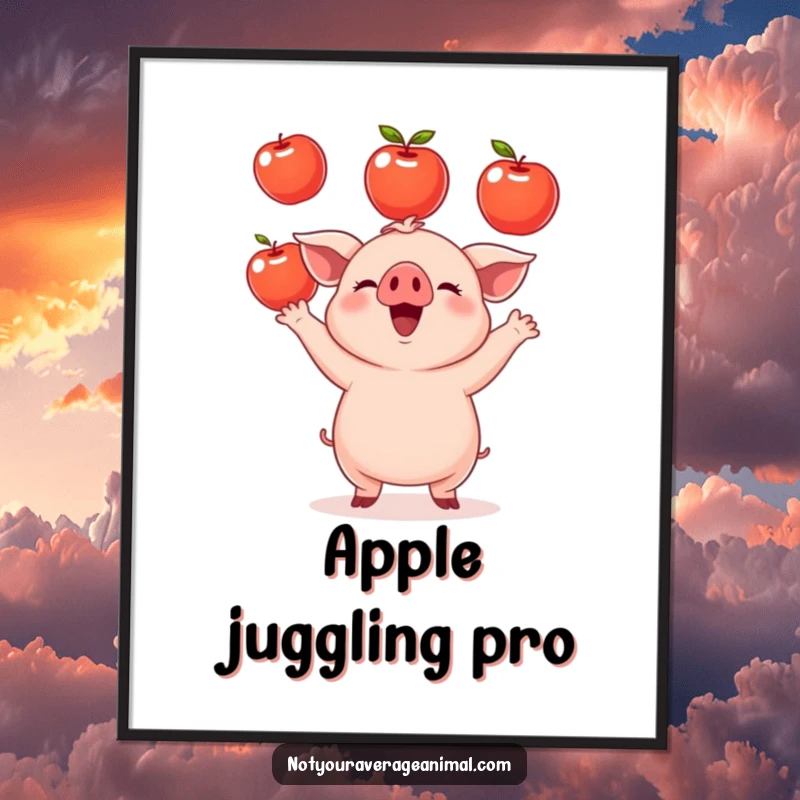 Funny small round piglet digital art print capturing a happy piglet juggling apples, radiating farm charm and humor. Instant download art.