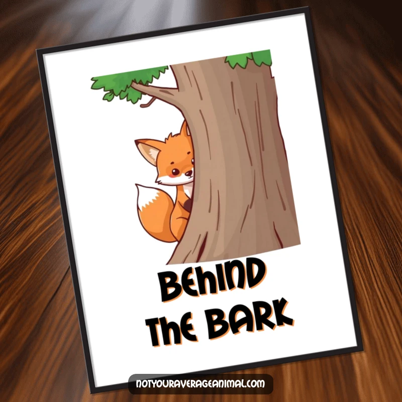 Funny fox digital art print of a bushy tail peeking from behind a tree, offering whimsical and humorous woodland-themed decor.