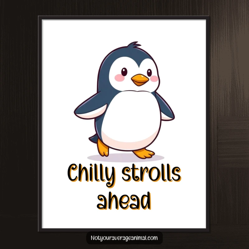 Funny digital art print of a proud penguin waddling with a happy stride, creating a humorous and cheerful visual.