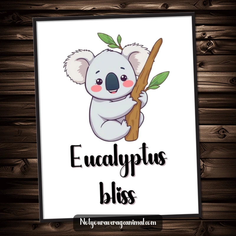 Funny digital art print of a content koala character happily hugging a eucalyptus branch, radiating peace and joy.