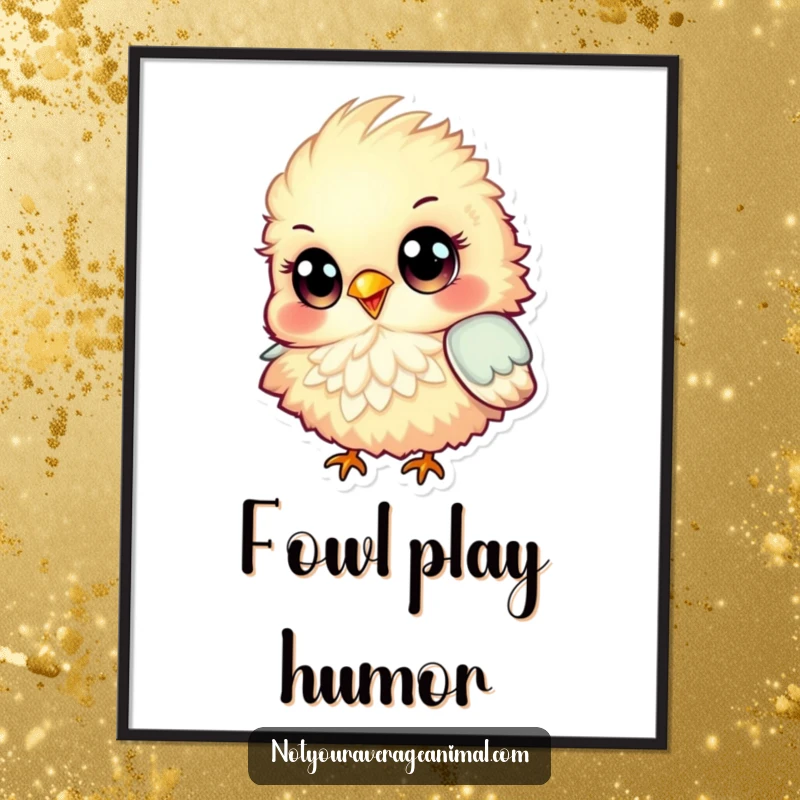 Funny Digital Art Print of a fluffy, colorful bird with large eyes, happily chirping, capturing a moment of pure, cheerful delight.