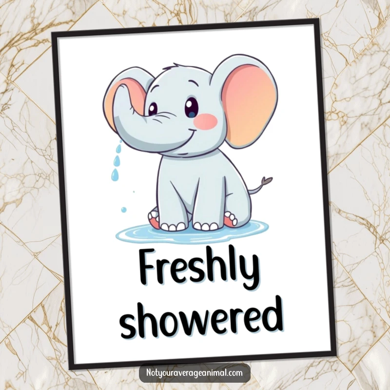 Funny digital art of a joyful elephant spraying water from its trunk, symbolizing playful refreshment.