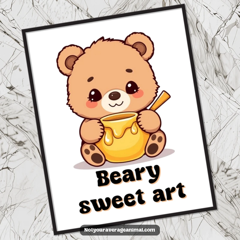Funny Digital Art Print of a cute, fuzzy bear cub with a sweet smile, hilariously hugging a honey pot, capturing heartwarming charm.