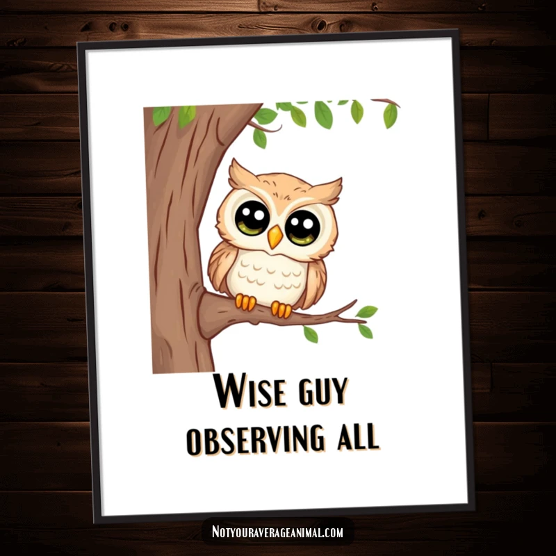 Funny digital art print of a curious owl with large eyes peeking from a branch, perfect for instant download and adding wise charm.
