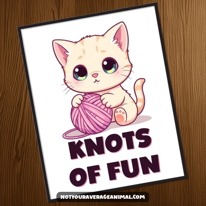 Funny digital art of a cute cat with large, wide eyes, playfully batting at a ball of yarn, capturing pure feline joy.