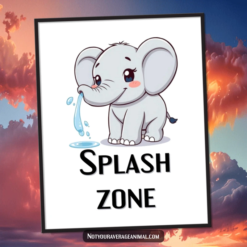 Funny elephant digital art print of a happy elephant joyfully spraying water from its trunk.