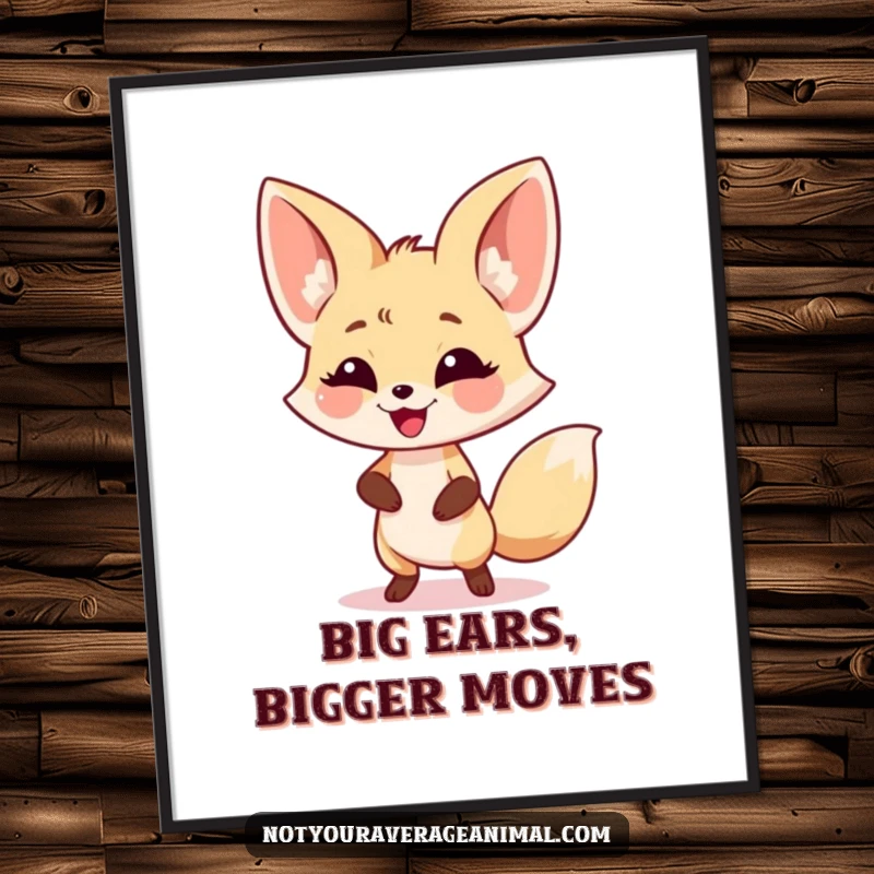 Funny fennec fox digital art print of a smiling character with large ears doing a lively dance, bringing energy.