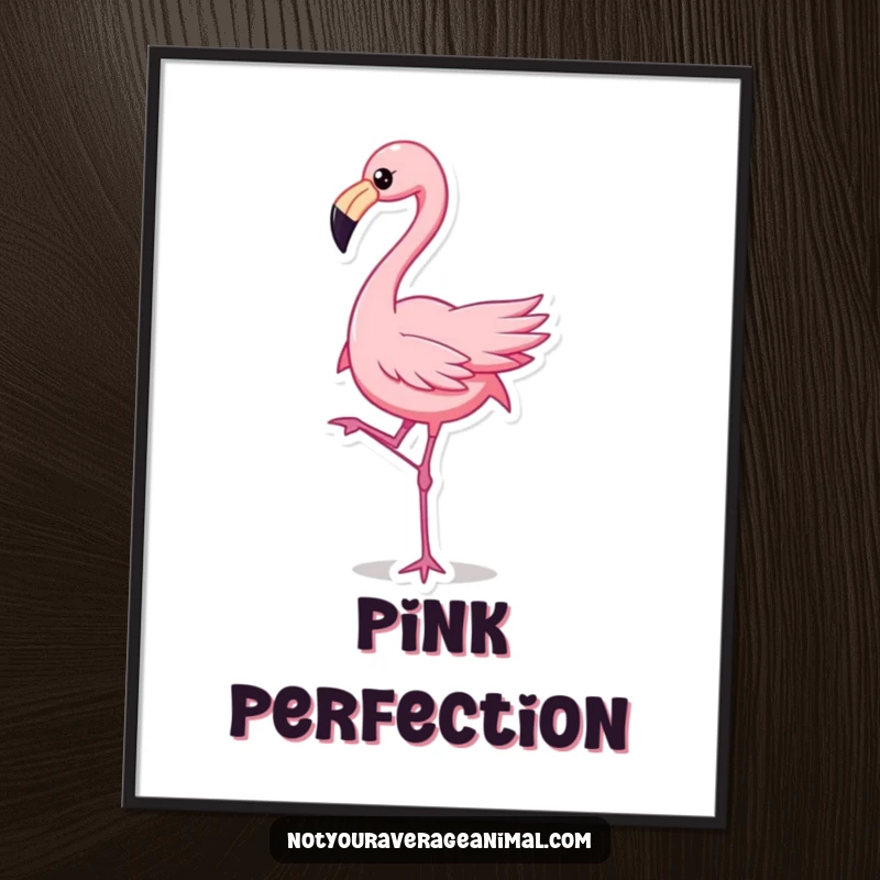 High-resolution digital art print of a funny flamingo character dancing with one leg raised, perfect for vibrant decor and a funny gift.