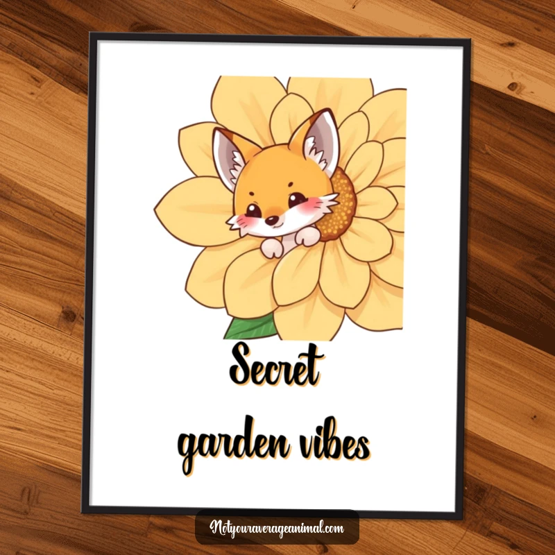 Funny fox digital art print with a playful fox peeking from behind a large flower, ideal for instant whimsical and charming decor.