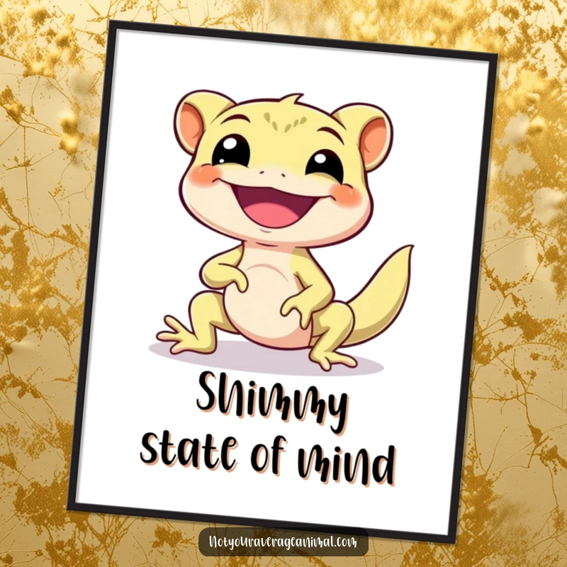 Funny Gecko Digital Art Print of a happy gecko character gracefully doing a happy little shimmy, capturing pure delight.