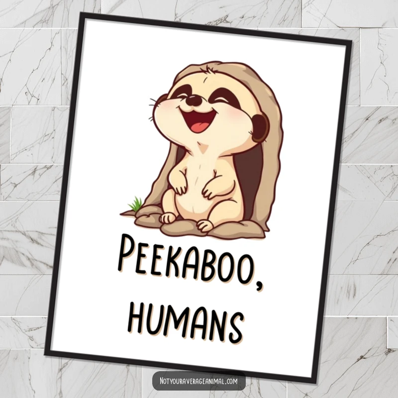 Funny laughing meerkat digital art print of a character popping head out of burrow laughing, instant humorous decor.