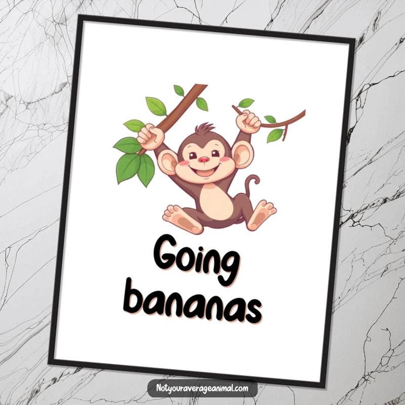 Funny monkey digital art print of a silly monkey with a huge grin, captured mid-swing on a vine.