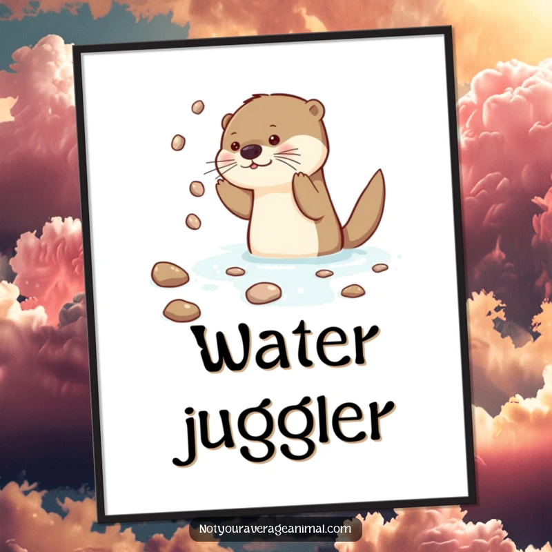 Funny Otter Digital Art Print of a curious otter character skillfully juggling shiny pebbles in a blue water setting.
