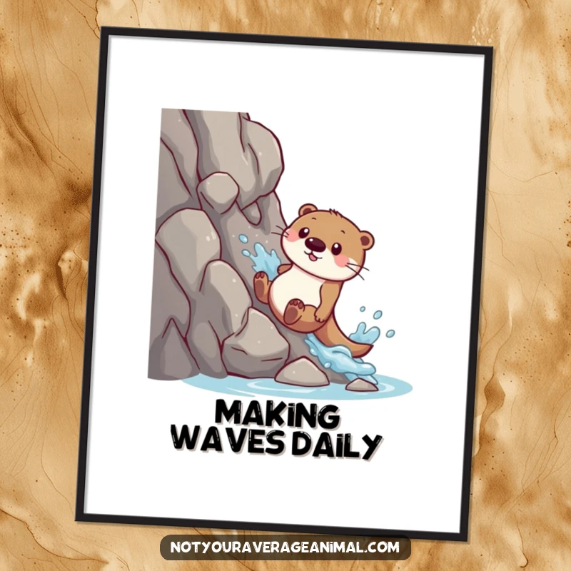 Funny digital art print: A playful otter slides down a rocky slope, creating a splash.