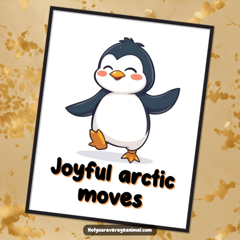 Funny Digital Art Print: A determined penguin joyfully performing a lively jig, ready to add animated fun to any display.
