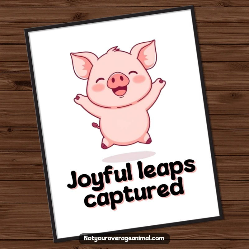 Funny Pink Piglet Digital Art Print of a round piglet joyfully jumping with ears flapping, a celebration of happiness.
