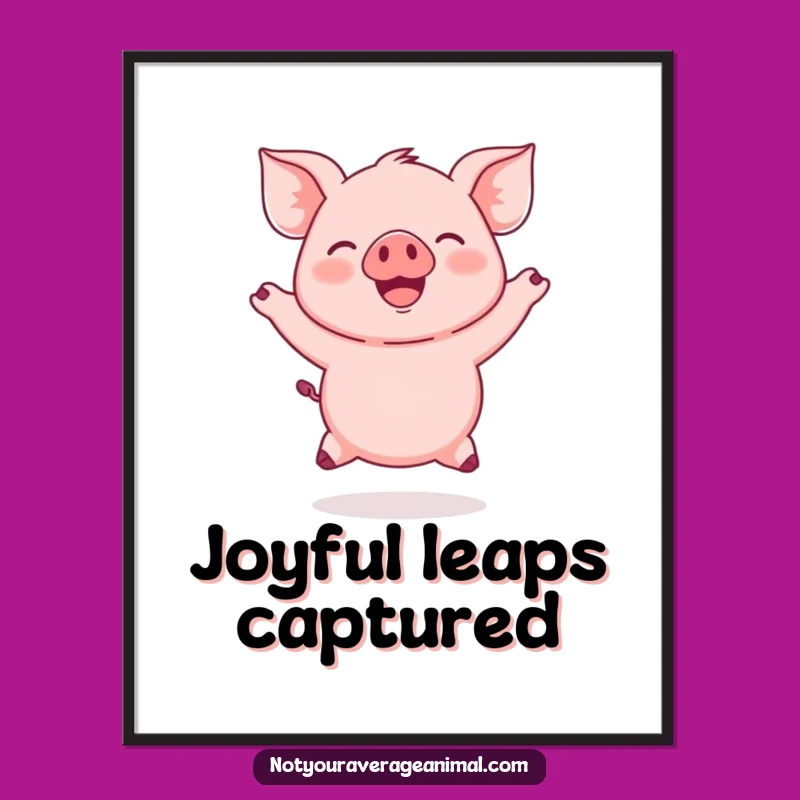Funny Pink Piglet Digital Art: Joyful Jumping Cartoon Print Is Hilarious Instant Decor