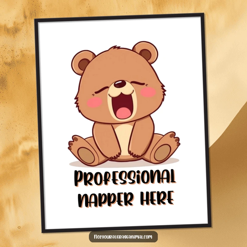 Funny digital art print of a sleepy brown bear cub stretching and yawning, perfect for framing and wall decor.