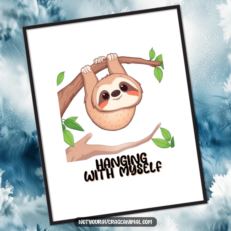 Funny digital art print: A curious sloth smiles while hanging upside down from a branch.
