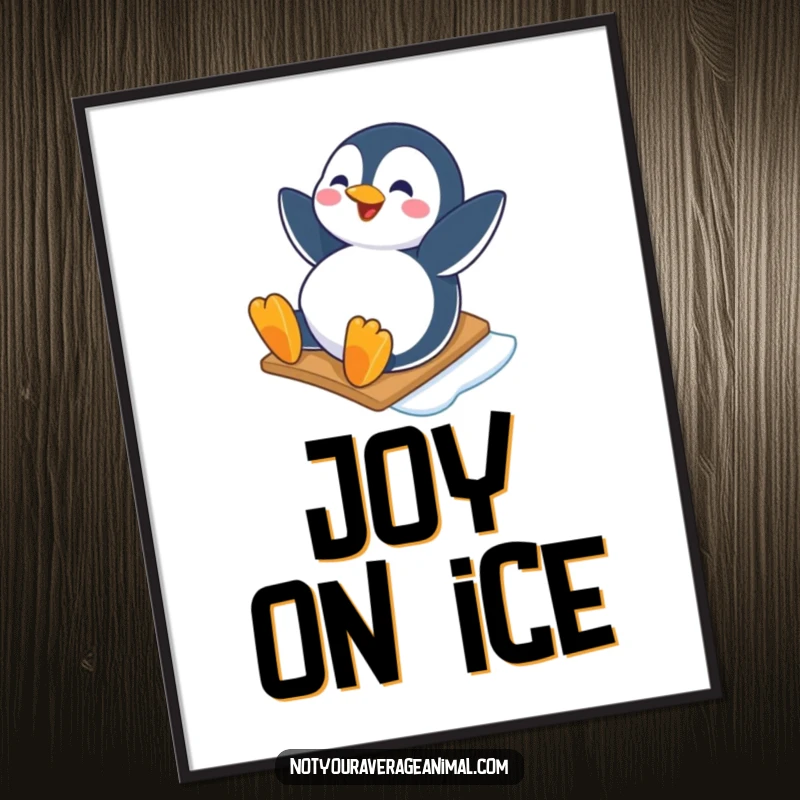 Funny digital art print of a happy penguin character sliding down an icy slope with joy, perfect for instant cheerful winter decor.