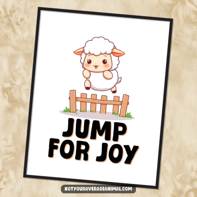 Funny digital art print of a fluffy sheep character playfully leaping over a small fence, perfect for instant charming and humorous decor.