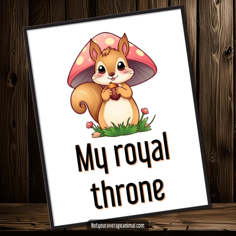 Funny Squirrel Digital Art: A curious squirrel peeks from a vibrant mushroom, holding an acorn, perfect for instant, humorous wall decor.