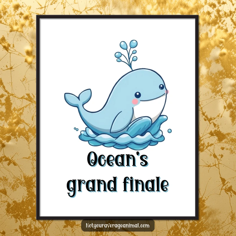 Funny digital art print of a whale breaching the ocean waves and creating a large water spout, playful and humorous marine art.