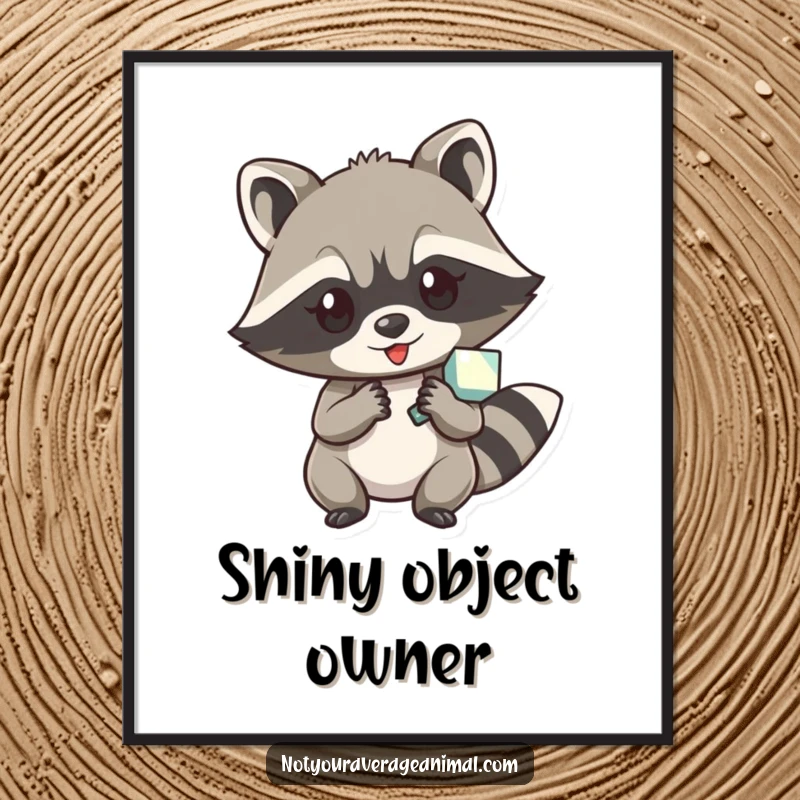 Funny digital art print of a mischievous raccoon character holding a shiny object, perfect for instant playful decor.