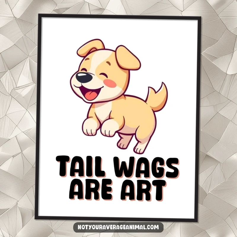 Funny digital art print of a happy dog wagging its tail and barking, ideal for wall decor.
