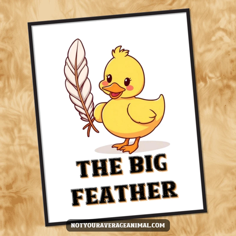 Funny cartoon duck digital art print featuring a silly duck waddling with a large feather, radiating charm and humor. Instant download art.