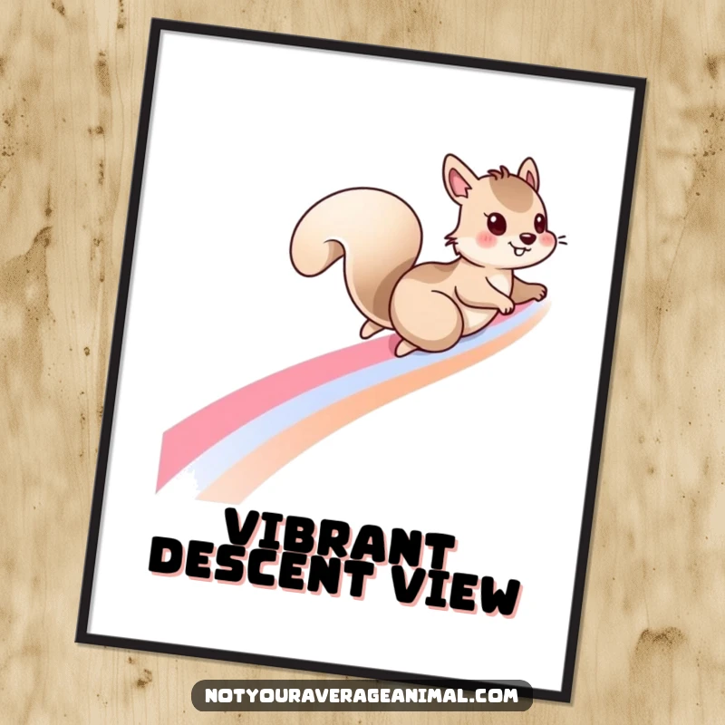 Funny squirrel digital art print with a mischievous squirrel sliding down a rainbow, ideal for instant whimsical and imaginative decor.