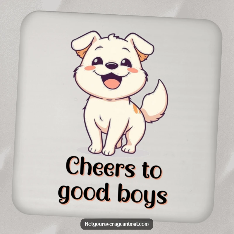Funny happy dog drink coaster with an energetic dog furiously wagging its tail, offering surface protection with canine charm.