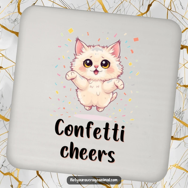 Funny fluffy cat drink coaster showing a cat with big eyes mid-leap in a confetti shower, providing table protection with humor. Home accessory.