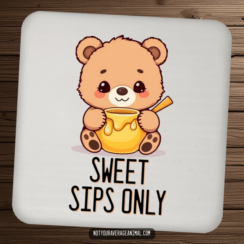 Funny Drink Coasters featuring a cute, fuzzy bear cub with a sweet smile, hilariously hugging a honey pot, protecting surfaces.