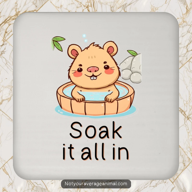 Funny Capybara Drink Coaster showcasing a playful capybara character smiling in a hot spring, adding humorous chill to drinks.