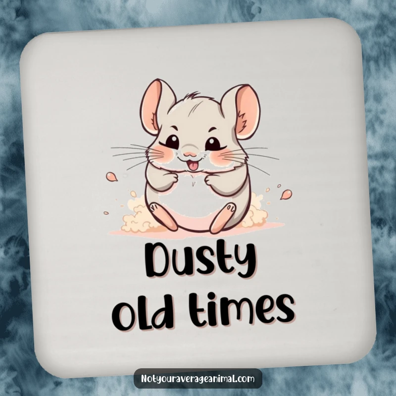 Funny drink coaster: A happy chinchilla rolls playfully in a cloud of dust.