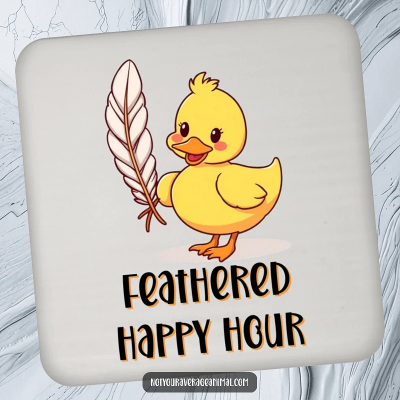 Funny cartoon duck drink coaster showing a silly duck waddling with a huge feather, providing table protection with humor. Home accessory.