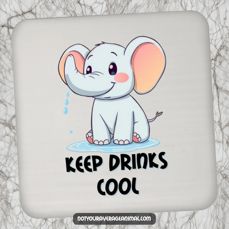 Funny drink coaster featuring a friendly elephant spraying water from its trunk, adding a fun element.