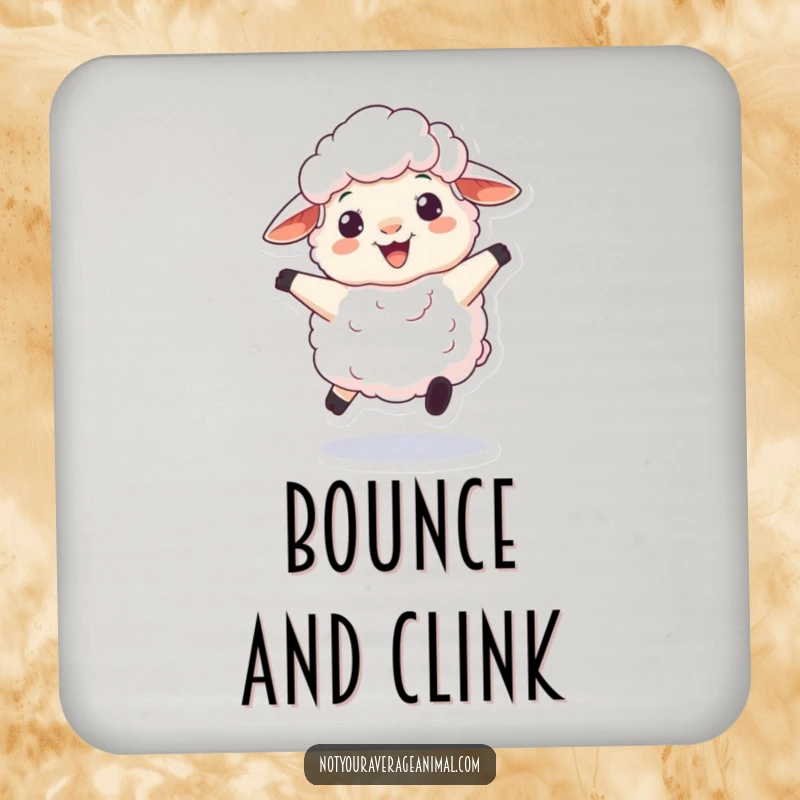 Funny coaster set with a fluffy sheep character playfully bouncing with a woolly grin, protecting surfaces with cheerful humor.