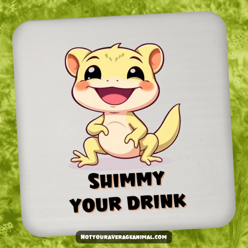 Funny Gecko Drink Coaster showcasing a smiling gecko character performing a happy little shimmy, adding humor to drinks.