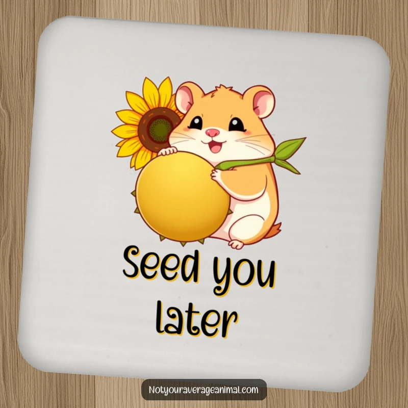 Funny hamster coaster with a plump, smiling hamster joyfully holding a giant sunflower seed.