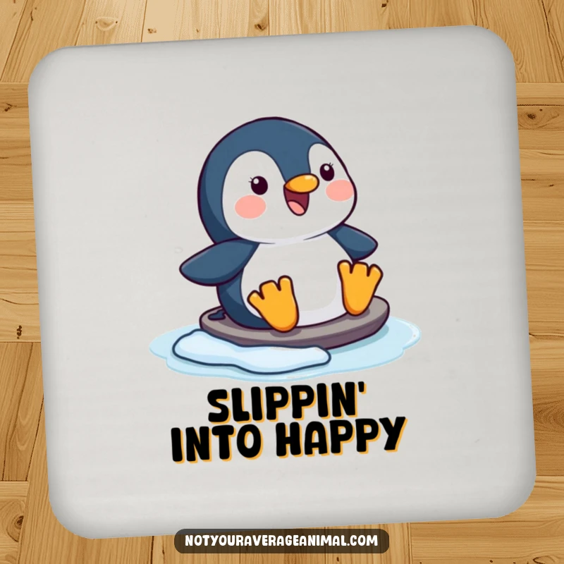 Funny happy penguin coaster showing a character joyfully sliding on ice, adding humorous surface protection.