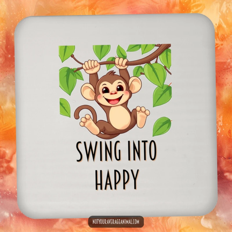 Funny drink coaster with a mischievous monkey swinging on a vine, sporting a wide grin.