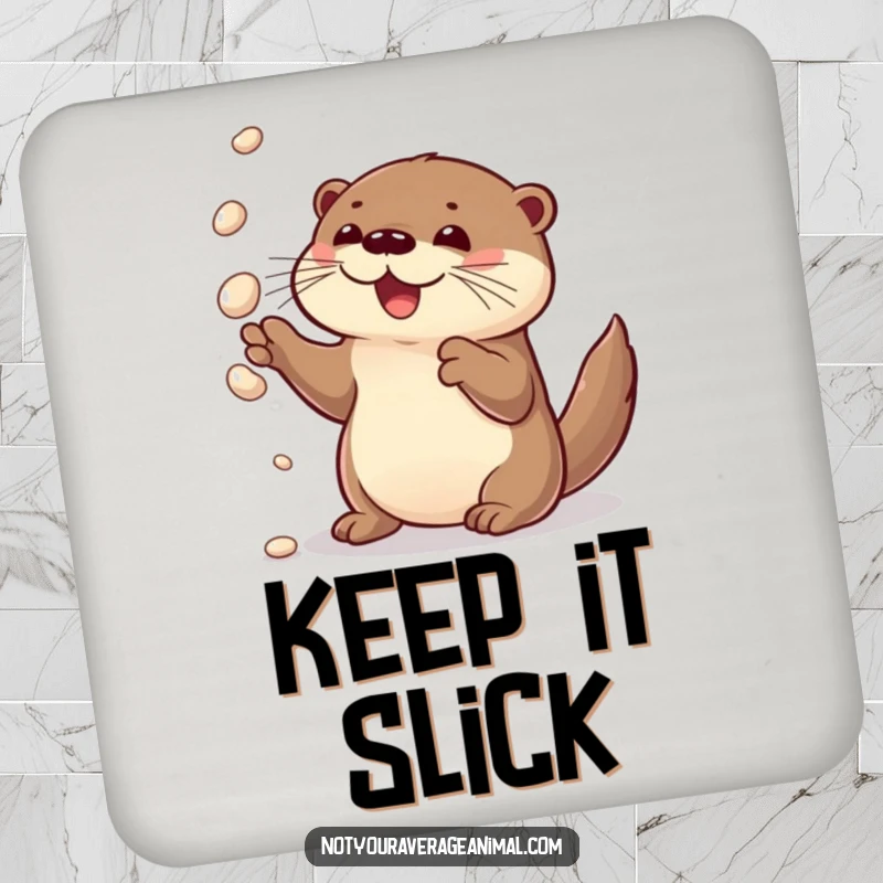 Funny drink coaster with a curious otter delightedly juggling shiny pebbles, adding a whimsical touch.