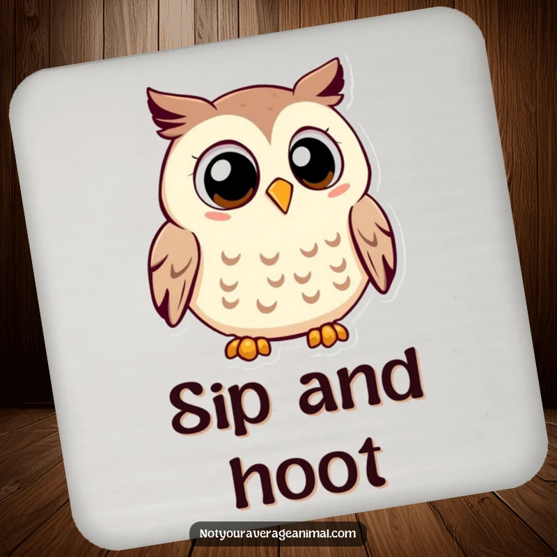 Funny owl coasters featuring a smiling owl with large eyes, contentedly hooting, adding wisdom to drink service.