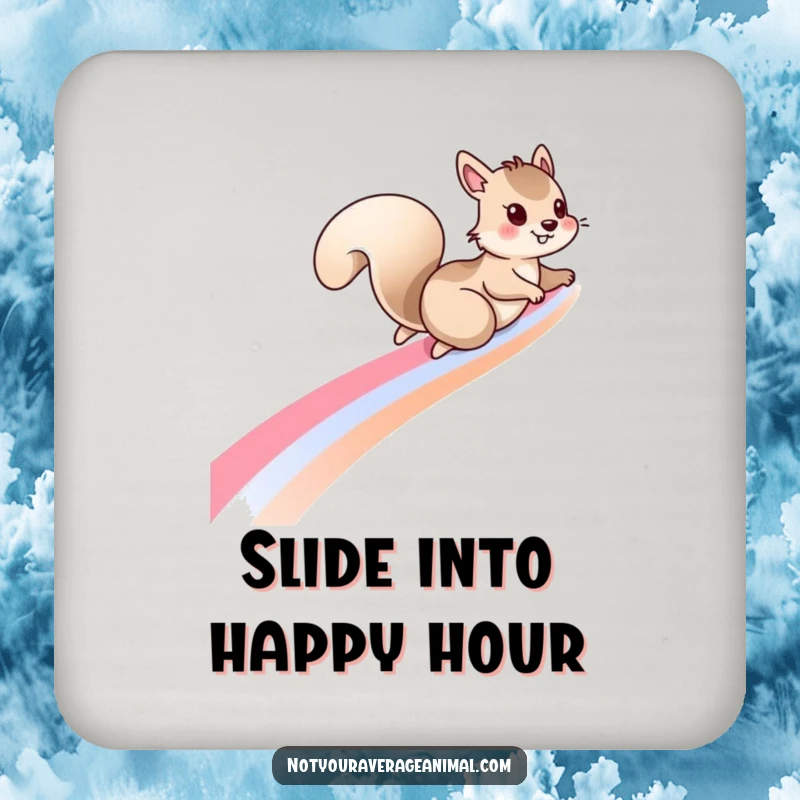 Funny squirrel drink coaster with a mischievous squirrel sliding down a rainbow, offering surface protection with a whimsical design.