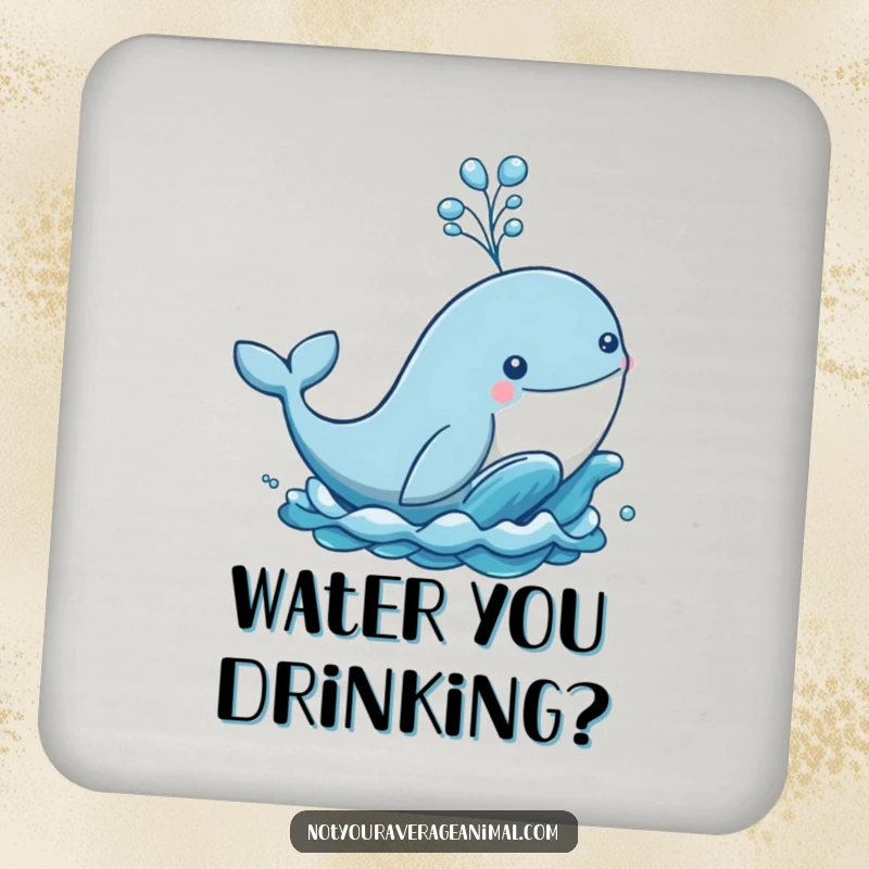 Funny drink coaster showing a whale breaching the ocean with a water spout, a humorous way to protect surfaces.