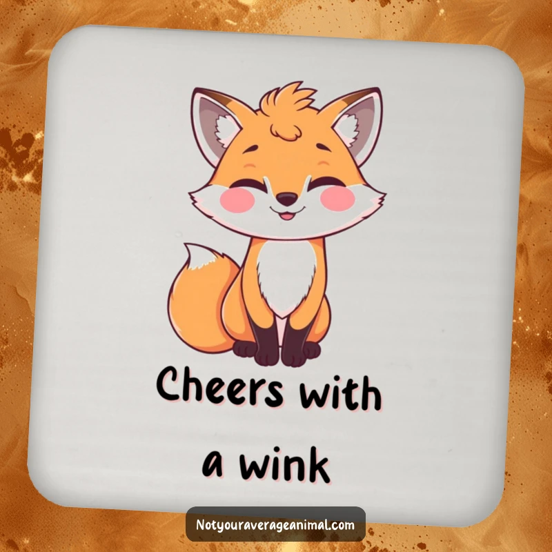 Funny bright fox with a bushy tail winking, humorous drink coasters.